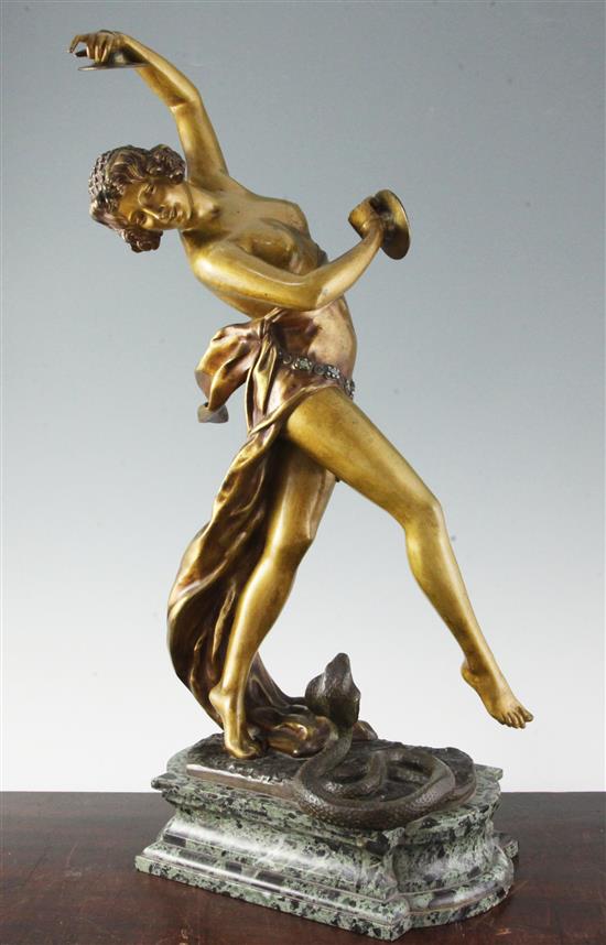 ROSSI. A bronze dancing girl with a king cobra, on a marble base, overall height 23.75in.